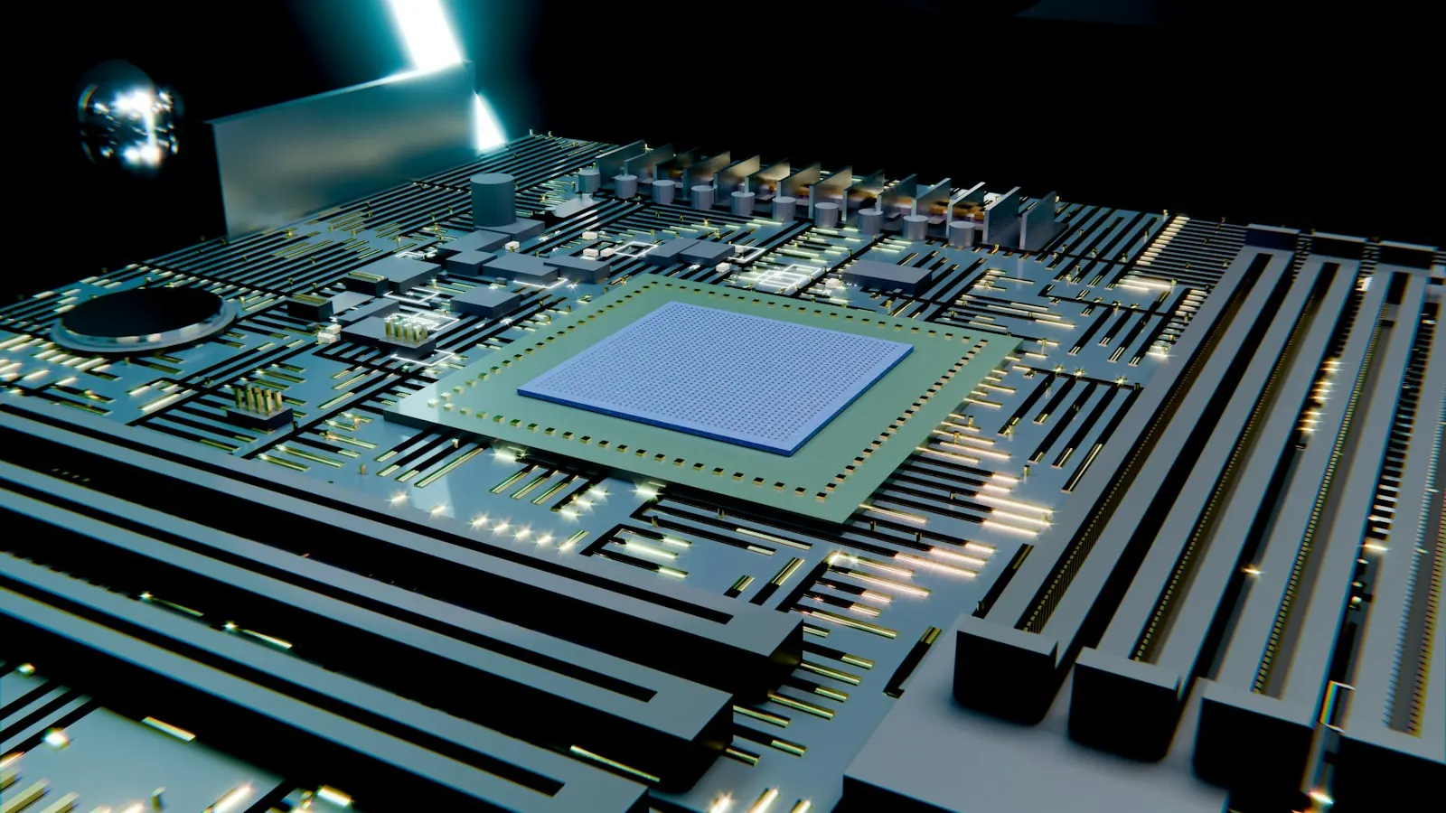3D rendering of a glowing processor on a circuit board